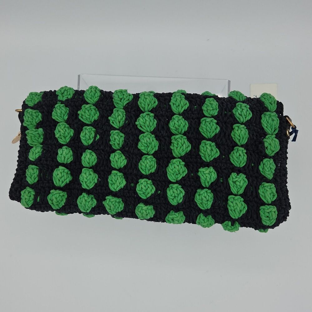 Clare V. Black Green Knit Convertible Clutch w Tabs Bag NWT Crochet Claudette - Picture 2 of 6